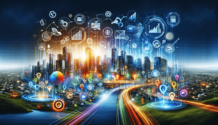 Uma paisagem urbana futurista representando o marketing digital e o crescimento de negócios online, simbolizando o papel da Builderall neste cenário dinâmico.